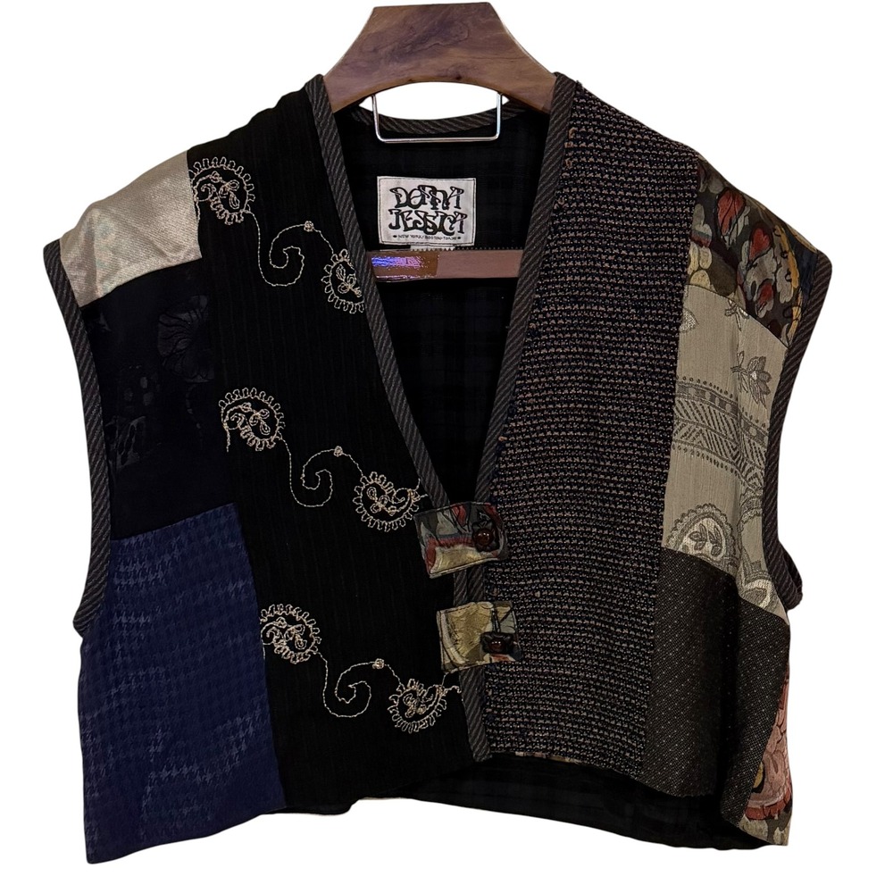 Donna Jessica Womens Patchwork Silk Blend Vest Art to Wear Cropped Boho Grunge 2